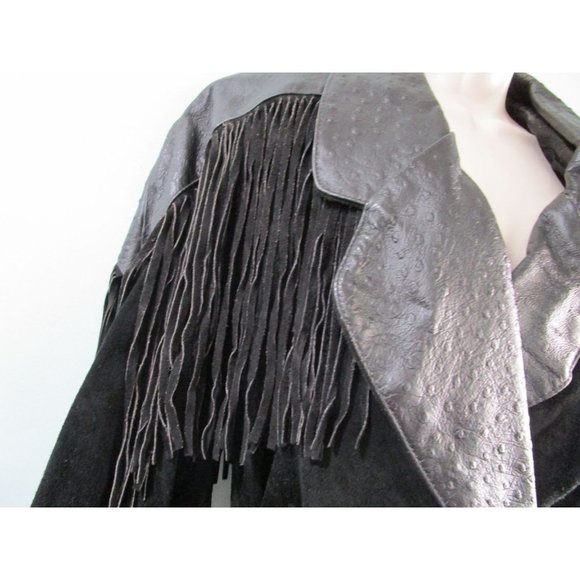 Suede Fringed Ostrich Print Leather Vintage Ladies M Jacket Broad Shoulder GUC - Picture 4 of 16